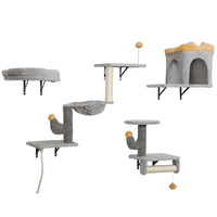 PawHut 4-Piece Cat Wall Shelf Furniture Set - Light Grey-4-piece set creates a fun space for multiple cats 