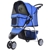 PawHut Deluxe 3-Wheel Pet Stroller with Brake, Canopy and Cupholders - Blue-Lightweight, foldable design simplifies storage and transport 