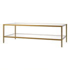 Hudson&Canal Hera 54"W Rectangular Coffee Table with Glass Shelf - Antique Brass-Tabletop weight capacity is 50 lbs, lower shelf can hold 25 lbs