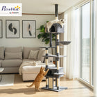 PawHut 91" - 98" H Floor-to-Ceiling Cat Tree with 2 Condos - Dark Grey-An enlarged base and anti-tip kit provide double security for active cats 