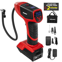 Bullseye Rechargeable Tire Inflator - Black-Pre-set Function w/ Auto Shut Off - set desired reassure and this car tire inflator automatically shuts off once value or target tire pressure is reached. Easy to read LED screen displays tire pressure and battery level, and user-friendly increase/decrease buttons make calibration both easy and accurate