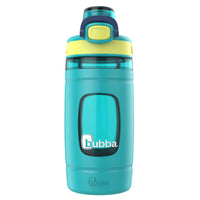 Bubba Kids Flo Water Bottle - 16 oz (473 ml) - Wide Mouth - Silicone Sleeve - Push Button Lid - Scuba/Limelight-100% leak proof lid when closed with a spout cover that locks to protect from dirt and grime
