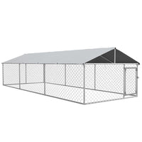 PawHut Outdoor Dog Kennel with Waterproof Cover - 19.7' x 7.5' x 4.9' - Silver-Water and UV-resistant roof keeps pets cool and protected from the rain 