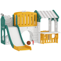 Qaba 7-in-1 Toddler Slide with Playhouse and Basketball Hoop for Indoor Play - Yellow-Bring home endless fun with this seven-in-one kids' playground 