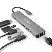 Plugable 7 in 1 USB-C Hub Adapter with Ethernet-7-in-1 Expansion—Transform a single USB C or Thunderbolt port into a 7-in-1 USB-C hub with 2x USB 3.0 ports, 1x 4K HDMI, 1x Gigabit Ethernet port, 1x SD card reader, 1x microSD card slot, and 1x USB-C Power Delivery charging port