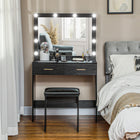 HOMCOM Vanity Desk with Mirror and Lights - 31.5" L x 15" W x 53.1" H - Black-Large tabletop and two drawers provide ample storage space 