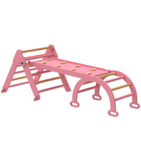 Qaba 7-in-1 Wooden Pikler Triangle Set with Arch, Ramp and Ladder - Pink-Combines a triangle, arch and ramp, creating endless fun play possibilities 