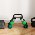 Soozier 40 lb Hex Dumbbell Set with Vertical Rack-Plastic covering protects your floor, while its metal core keeps them balanced 