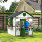 Outsunny Kids Outdoor Wooden Playhouse with Door, Windows and Planter Pots - White-Windows provide good ventilation and view 