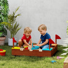 Qaba Kids Wooden Sandbox, Castle-Themed Outdoor Sand Pit with Flags - Wooden Brown-Brightly colored corner seats accommodate four children comfortably 