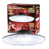 Bell+Howell Highburst Pro LED High Bay Shop Light - 10000 Lumens-BELL & HOWELL HIGHBURST 10,000 LUMEN HIGH BAY SHOP LIGHT: Brighten up your garage, workshop, basement, warehouse, or any other work space with 10,000 lumens of illumination that's dimmable and easy to hang and install. Enough light to see sawdust and other debris, this utility light provides tons of illumination.