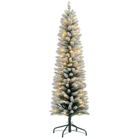 HOMCOM 6' Snow-Flocked Artificial Pencil Christmas Tree with Lights - Green-Snow flocked branches mimic a fresh, snowy winter scene 