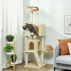 PawHut 63" Cat Tree with Sisal Scratching Posts and Condos - Beige-Top cat-ear perch with a dangling ball offers a playful lookout 
