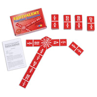 Learning Advantage Equivalent Fraction Dominoes-MAKE FRACTIONS FUN -- This math game features 47 fraction dominoes, a hexagonal starting tile and instructions. The fractions contain denominators 2-24. Multiple game formats allow solo or group play.
