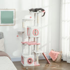 PawHut 65" Multi-Level Cat Tree Tower with Condos and Perch - White-A widened base with an anti-tip strap ensures stability for active cats 