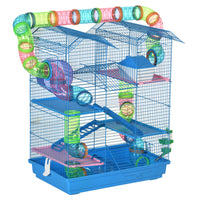 PawHut 18.5" Hamster Cage with Tube System & Exercise Wheel - Blue-Multiple platforms enhance exploration and climbing fun