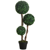 HOMCOM 35" Artificial Boxwood Triple Ball Topiary Tree - Dark Green-Beautiful artificial three-ball boxwood tree design plant 