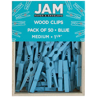 JAM Paper Wood Clip Clothes Pins - Medium - 1 1/8" - Blue - 50 Pack-Blue mini clothing pins