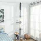 PawHut 87" - 100" Floor-To-Ceiling Cat Tree - Grey-Soft fabric cover offers extra comfort for your cat 