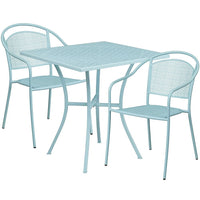 28'' Square Sky Blue Indoor-Outdoor Steel Patio Table Set with 2 Round Back Chairs [CO-28SQ-03CHR2-SKY-GG]-Set Includes Table and 2 Chairs