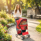 PawHut Foldable Pet Stroller with Removable Washable Pad and Storage Basket - Red-Three mesh windows offer great views and keep your pet cool 