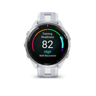 Garmin Forerunner 965 GPS Running, Triathlon Smartwatch - Titanium Bezel, Whitestone Case, Whitestone/Powder Gray Silicone Band-Plan race strategy with personalized daily suggested workouts based on the race and course that you input into the Garmin Connect app and then view the race widget on your watch; daily suggested workouts adapt after every run to match performance and recovery