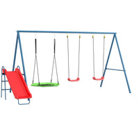 Outsunny 4 in 1 Metal Swing Set with Saucer Swing, Slide - Dark Blue-Including multiple play options