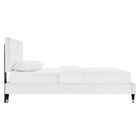 Modway Roxanne Performance Velvet Queen Platform Bed with Wood Legs and Gold Metal Sleeves - White-Angular Channel Tufted Headboard