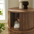 Modway Clement Round Pedestal Stand Storage Table With Sliding Tambour Doors - Walnut-Non-Marking Felt Floor Pads