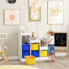 Qaba Toy Storage Organizer Kids Bookshelf with 6 Plastic Bins - Yellow & Blue-Three layers categorize blocks, crayons, trucks, and dolls effectively
