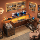 HOMCOM 76" Reversible Gaming Desk with RGB Lights and USB Ports - Rustic Brown-Adjustable file hangers organise A4, letter, and legal documents