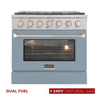 Kucht 36" KDF Series Pro Style Natural Gas Dual Fuel Range - Stainless Steel/Light Blue-6-burner gas range includes one 20,000 BTU dual burner with simmer, one 15,000 BTU burner, one 12,000 BTU burner, two 9,000 BTU burners and one 6,000 BTU