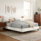 Modway Sofia Channel Tufted Performance Velvet Full Platform Bed with Wood Legs and Gold Metal Sleeves - White-Bed Weight Capacity: 800 lbs