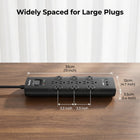 Huntkey 6' Flat Plug Surge Protector Power Strip with 12 Outlets and 3 USB Ports - Black-Comes with a durable 6-foot extension cord and a flat plug design, allowing for flexible placement behind furniture while reaching distant wall outlets easily.
