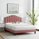 Modway Elise Performance Velvet Twin Platform Bed with Black Wood Legs - Dusty Rose-Channel Tufted Headboard