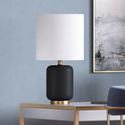 Hudson&Canal Lambert 15" Tall Ceramic Table Lamp with Fabric Shade - Matte Black/White-Handcrafted matte black finish is applied to the round ceramic and metal base