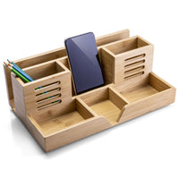 Officemate Bamboo Desk Organizer - Natural Wood Grain-Features 7 storage compartments