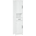 Kleankin Bathroom Linen Tower Cabinet with Open Shelf and Drawer - White-Open shelf, drawer and 2 cupboards neatly arrange your collection of towels, linen and other bathroom essentials