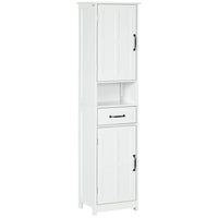 Kleankin Bathroom Linen Tower Cabinet with Open Shelf and Drawer - White-Open shelf, drawer and 2 cupboards neatly arrange your collection of towels, linen and other bathroom essentials
