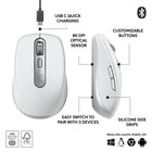 Logitech MX Anywhere 3S Wireless Mouse - Pale Grey-Made with Recycled Plastic: Plastic parts in MX Anywhere 3S include certified post-consumer recycled plastic – 78% for Black, 61% for Pale Grey and Rose. Excludes plastic in printed wiring assembly (PWA), receiver, wire, FFC cable, and packaging