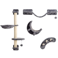PawHut Cat Wall Shelf with Scratching Post, Play Balls and Platforms - Dark Grey-Includes perches, a ladder, platforms, curved steps, scratching post and hammock 