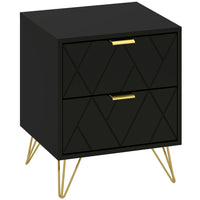 HOMCOM Bedside Table with Storage and Gold Hairpin Legs - Black-Two drawers glide smoothly on steel slides for easy access