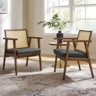 Modway Thera Vegan Leather and Cane Accent Armchairs - Walnut Black - Set of 2-Rattan Cane Backrest