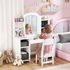 Qaba Kids Vanity Set, Pretend Makeup Playset with Lighted Mirror - White-Fabric bins and shelves offer space to keep things neat and build tidy habits
