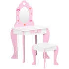 Qaba Kids Vanity Table & Chair Set with Drawer, Love Heart & Bow Patterns - Pink-2-piece set includes a vanity makeup table and matching stool
