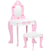 Qaba Kids Vanity Table & Chair Set with Drawer, Love Heart & Bow Patterns - Pink-2-piece set includes a vanity makeup table and matching stool
