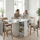 HOMCOM Drop Leaf Folding Dining Table with 2-Tier Shelves & Rolling Casters for 2-4 - Marble White-use this extendable dining table three ways – no side up, a single side up or both sides up