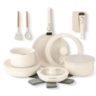 Gotham Steel Ceramic and Aluminum Non-Stick Cookware 18-Piece Set with Detachable Handles - Cream-Complete nonstick pots and pans cookware set with detachable handles includes: 8.5 in. frying pan, 10.25 in. frying pan, 2 qt. saucepan, 3 qt. saucepan, 3 qt. deep sauté pan, 2x detachable pot and pans handles, a magnetic storage board for detachable handles, 8.5 in. silicone rimmed glass lid for use with 8.5 in. fry pan and 3 qt. saucepan, 10.25 in. silicone rimmed glass lid for use with 10.25 in. fry pan and 