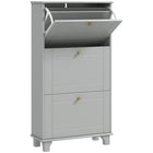 HOMCOM Modern Shoe Cabinet with 3 Flip Drawers for 12 Pairs - Grey-Modern style, solid colour finish and gold handles enhance aesthetic appeal
