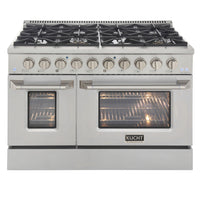 Kucht 48" KDF Series Pro Style Natural Gas Dual Fuel Range - Stainless Steel-Cook and bake like a pro with 2 separate ovens with large oven windows, the main is a heavy-duty blue porcelain oven with 4.2 cu. ft. of capacity while the additional side oven has 2.5 cu. Ft
